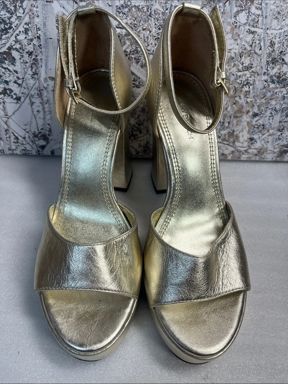 Tory Burch Metallic Gold Platform Sandals w/a Chunky Block Heel